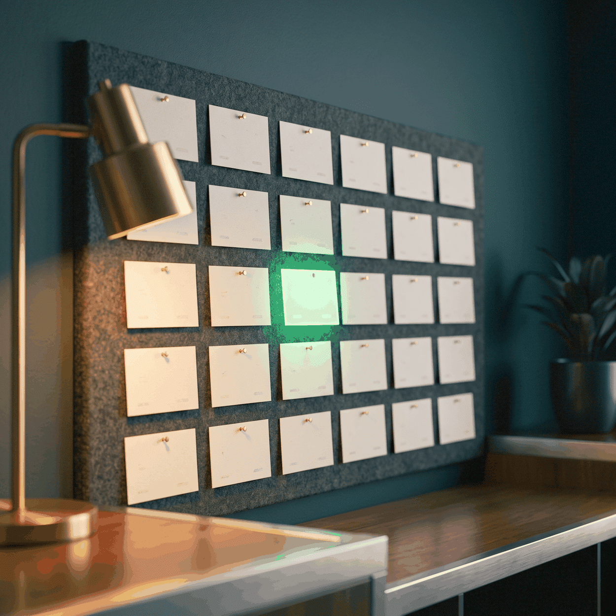 Regen med marketing terms shown as a dark felt pin wall of small blank cards, one lit green, warm lamp raking across