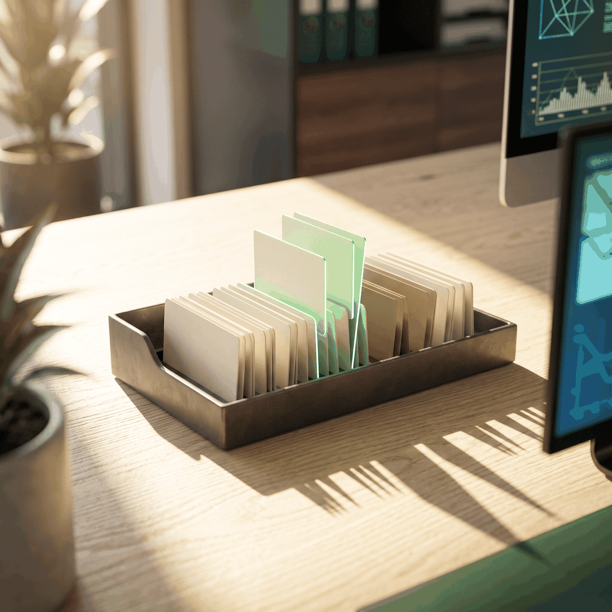 Clinic vendor evaluation as a tray of blank pale cards on a sunlit oak worktop, two lifted and ringed green