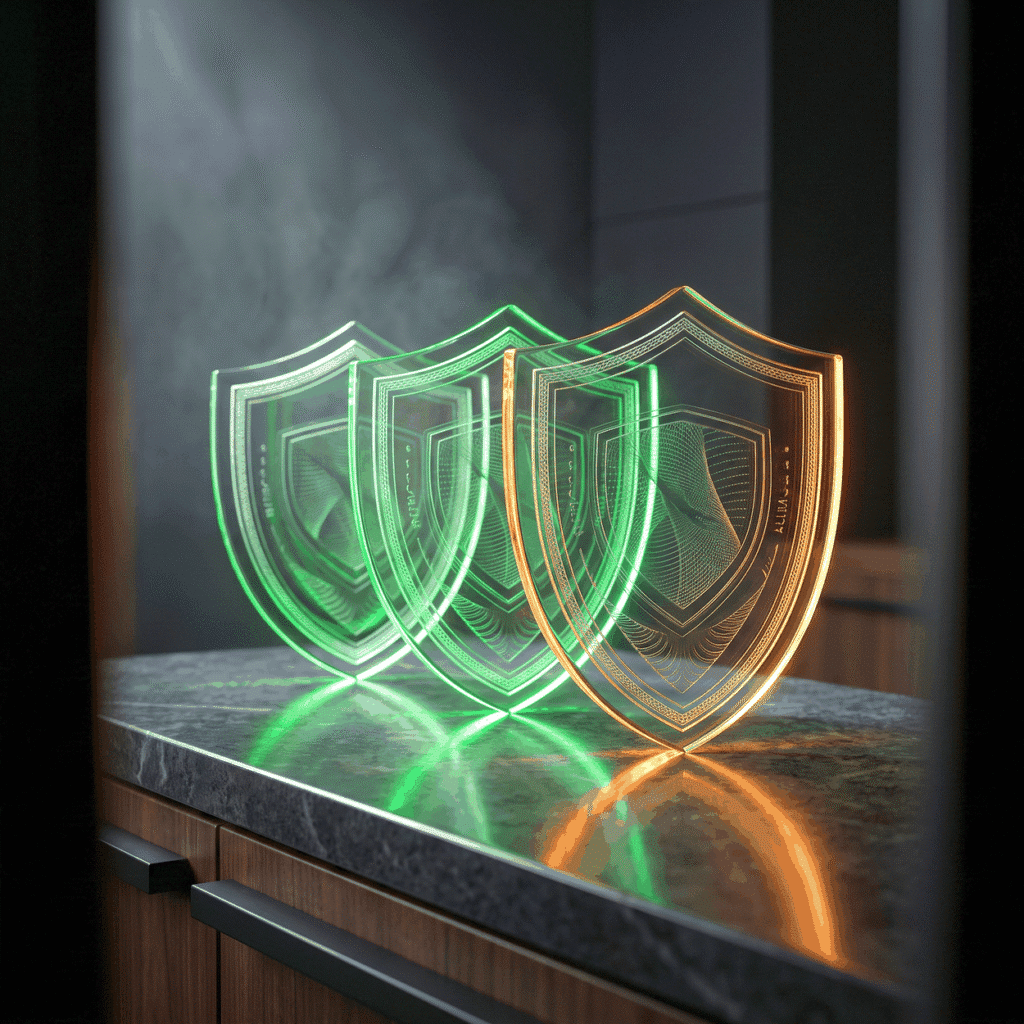 Regenerative medicine branding as three etched glass shield forms edge-lit green on dark stone with a warm rim light