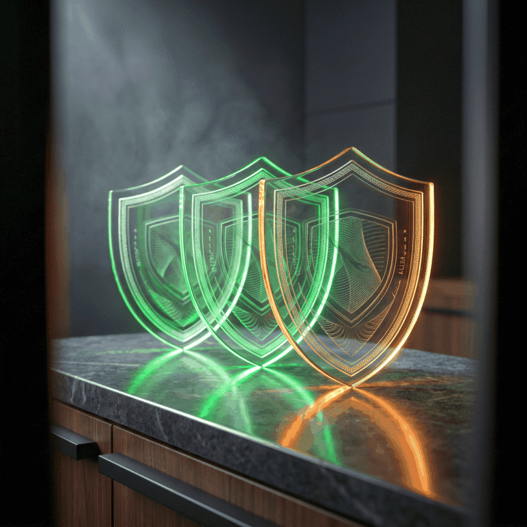 Regenerative medicine branding as three etched glass shield forms edge-lit green on dark stone with a warm rim light