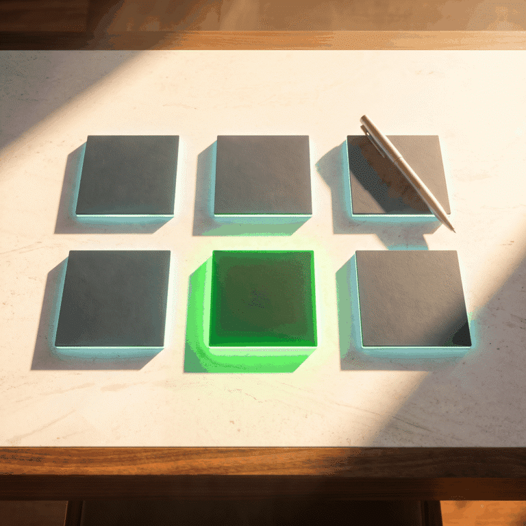 Regenerative medicine marketing channels as six blank slate cards on a sunlit stone table, one edged green