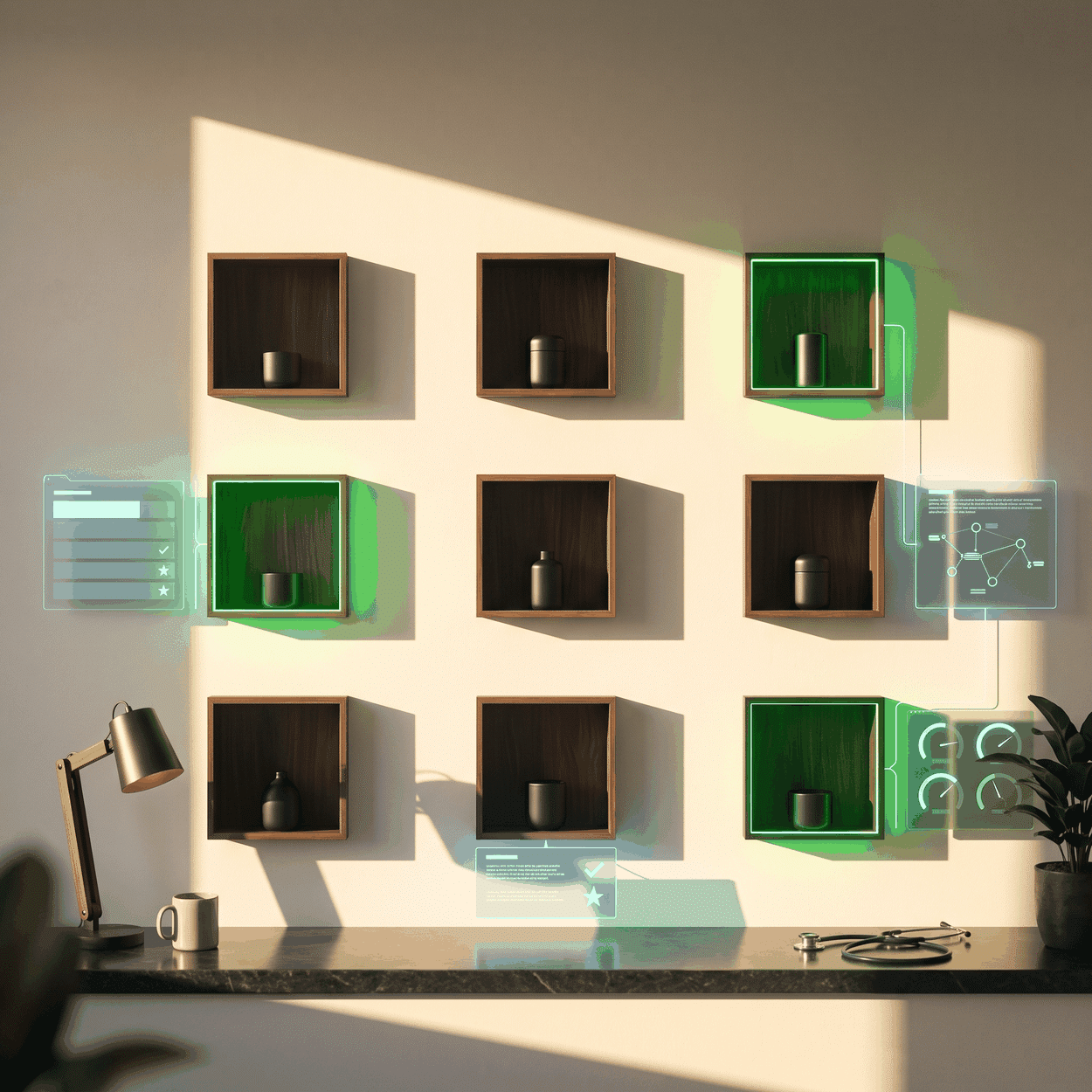 Regenerative medicine marketing services as nine niches in a sunlit plaster wall, three edge-lit green
