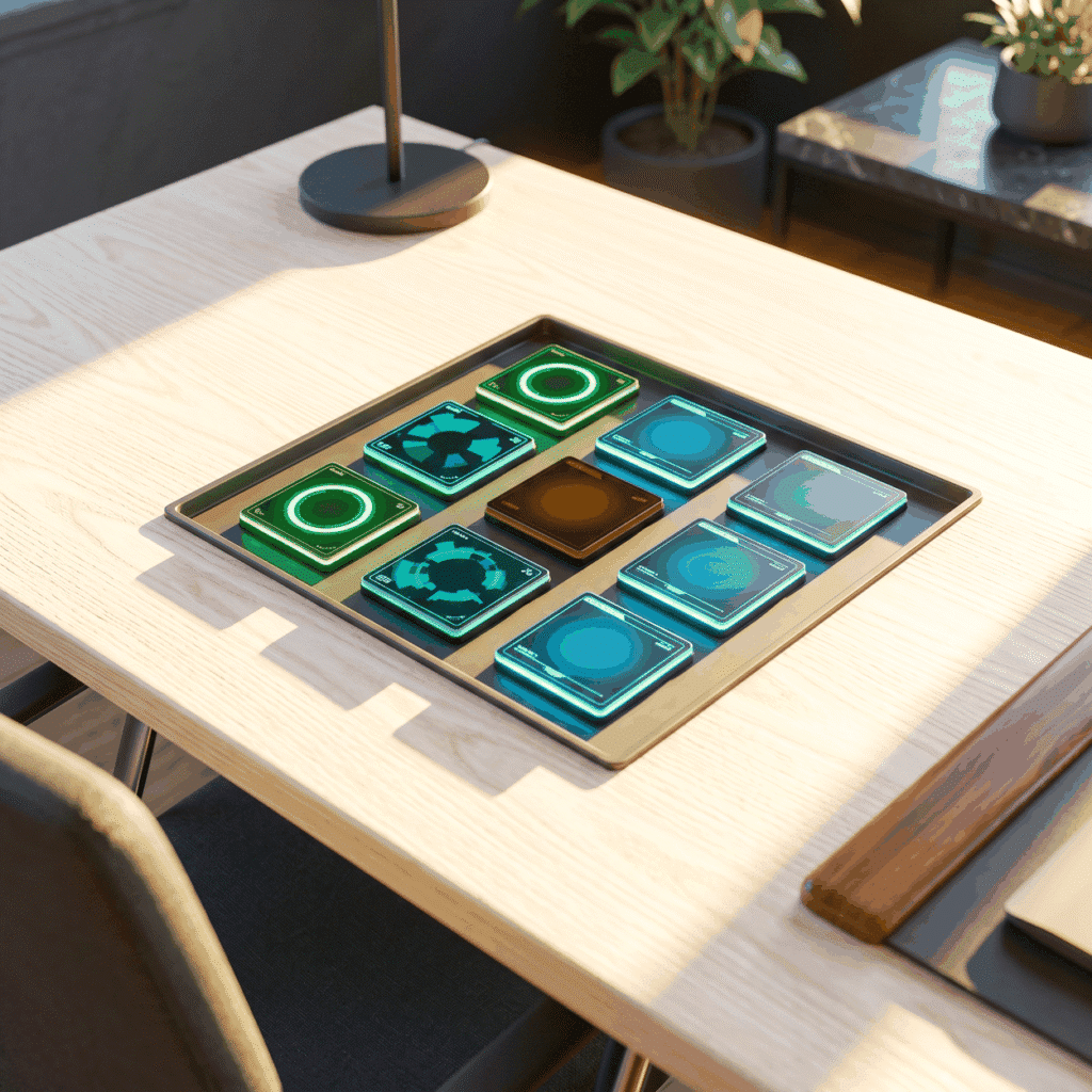 Programmatic ads placement as a grid of dark tiles in a metal tray on a sunlit ash worktop, three ringed green