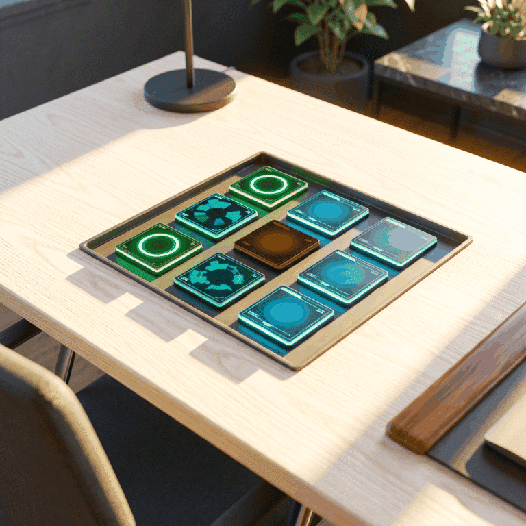 Programmatic ads placement as a grid of dark tiles in a metal tray on a sunlit ash worktop, three ringed green