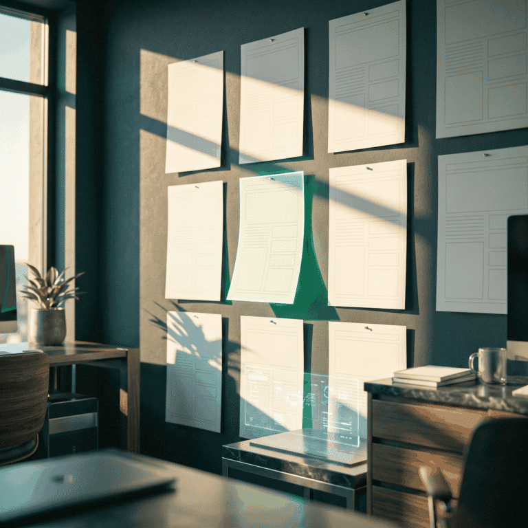 Regenerative medicine web design as blank layout sheets pinned to a dark wall in raking sun, one edge-lit green