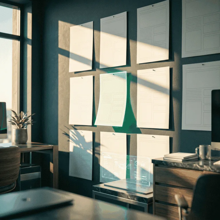 Regenerative medicine web design as blank layout sheets pinned to a dark wall in raking sun, one edge-lit green