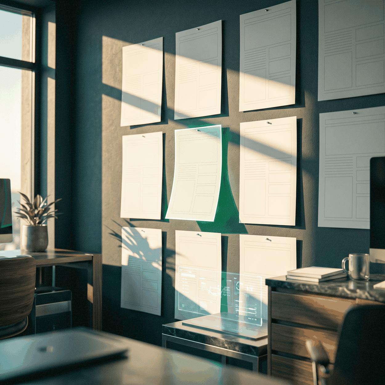 Regenerative medicine web design as blank layout sheets pinned to a dark wall in raking sun, one edge-lit green