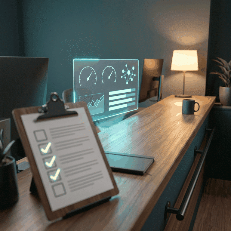 A rehab marketing compliance review shown as a clipboard of empty tick boxes with three green ticks by a warm lamp