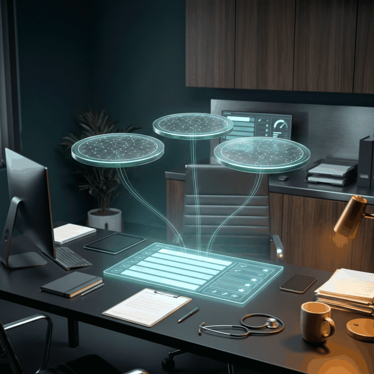 AI search results shown as three node-covered discs feeding light traces into a glowing panel on a dark desk