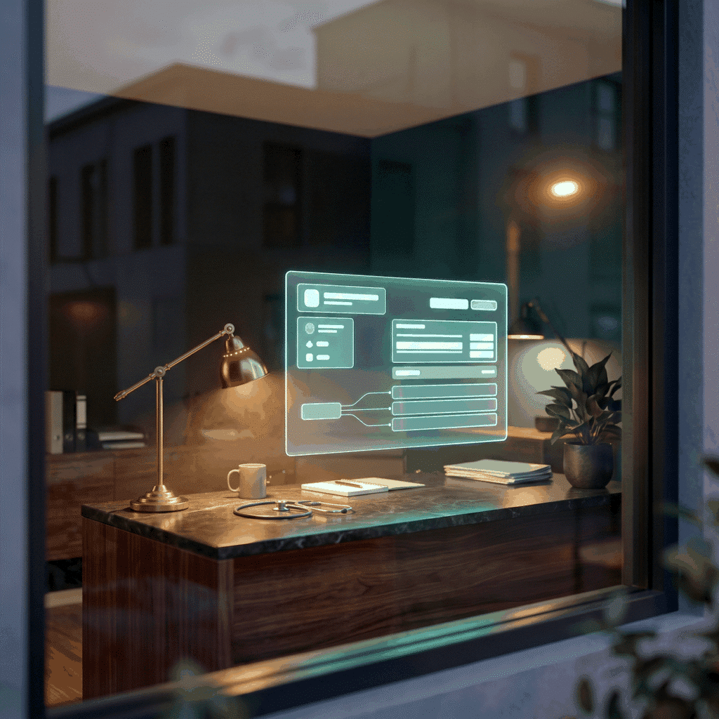 Search visibility for hormone clinics, shown as a warm lamplit office seen through a dusk window with a cyan panel
