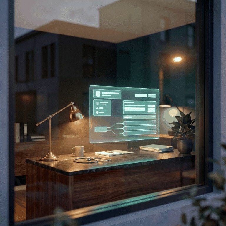 Search visibility for hormone clinics, shown as a warm lamplit office seen through a dusk window with a cyan panel