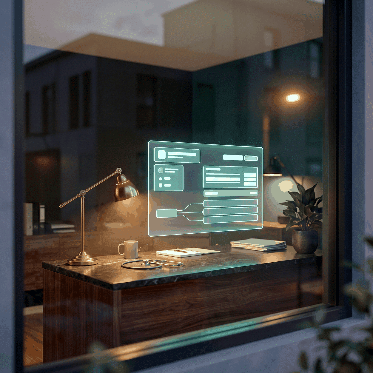 Search visibility for hormone clinics, shown as a warm lamplit office seen through a dusk window with a cyan panel