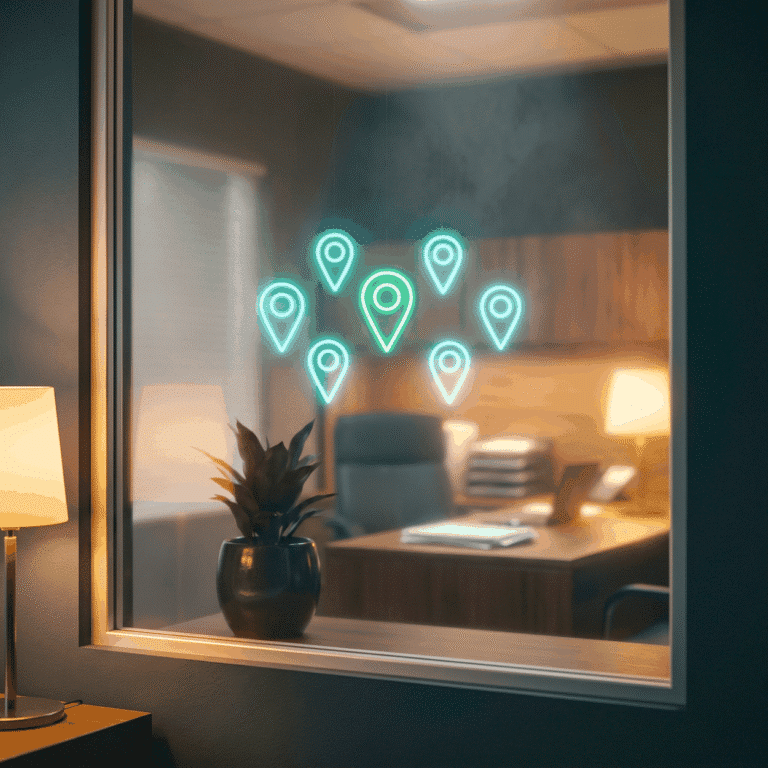Local search for naturopathic clinics as glowing map pins seen through frosted glass into a warm lamplit room
