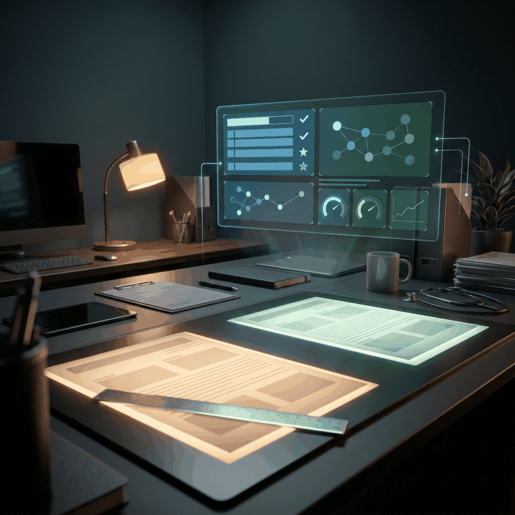 Stem cell advertising review shown as two printed sheets glowing amber and green from beneath on a dark light table