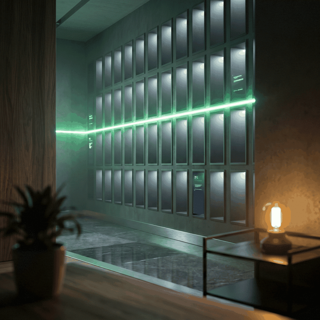 A stem cell marketing plan shown as a dark grid wall of empty recesses crossed by a rising green light line