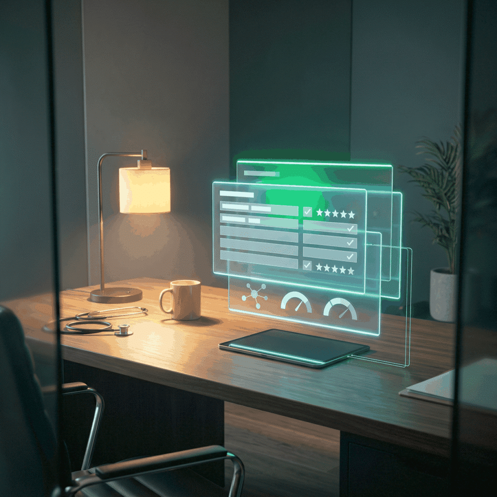 Stem cell therapy SEO as a stepped stack of holographic panels above a tablet, the top one lit green