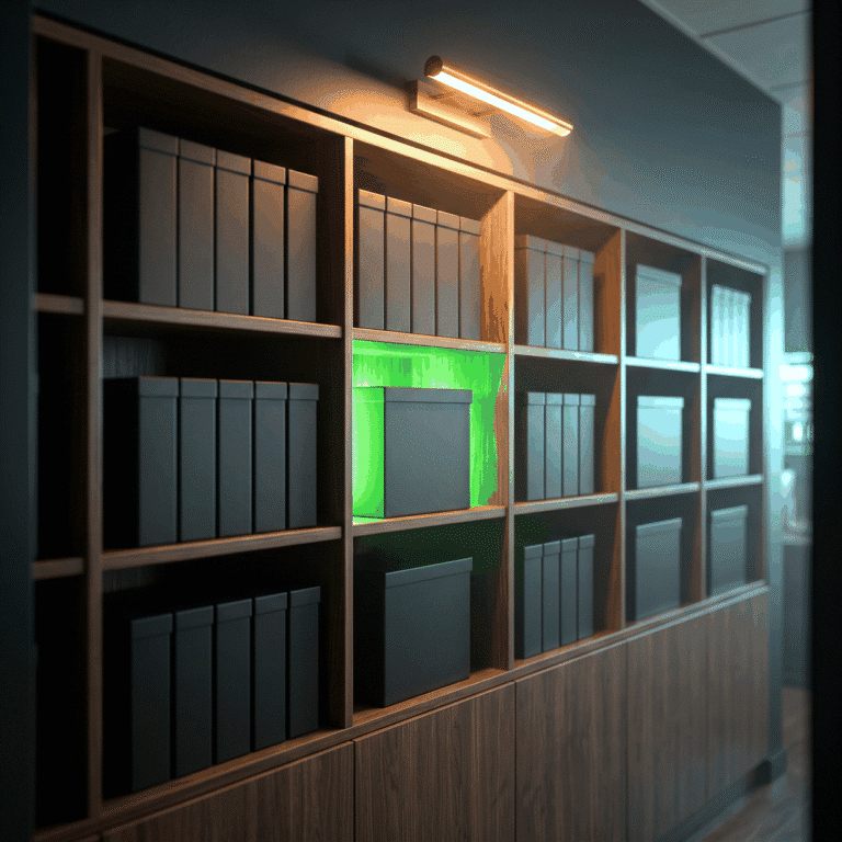 361 product marketing as a walnut shelf of blank black archive boxes, one recess backlit green