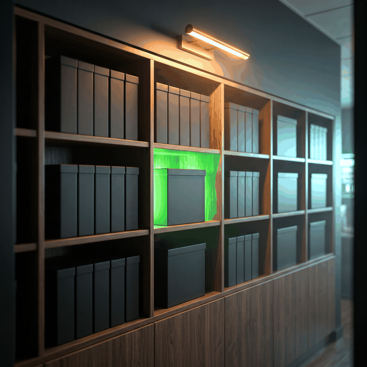 361 product marketing as a walnut shelf of blank black archive boxes, one recess backlit green