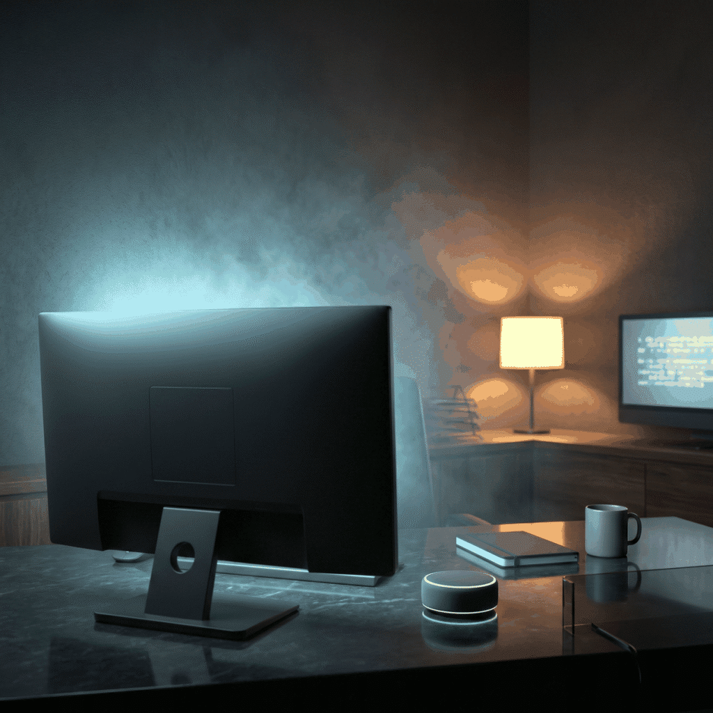 After-hours lead handling as a dark monitor and a small speaker on a desk lit by one warm lamp