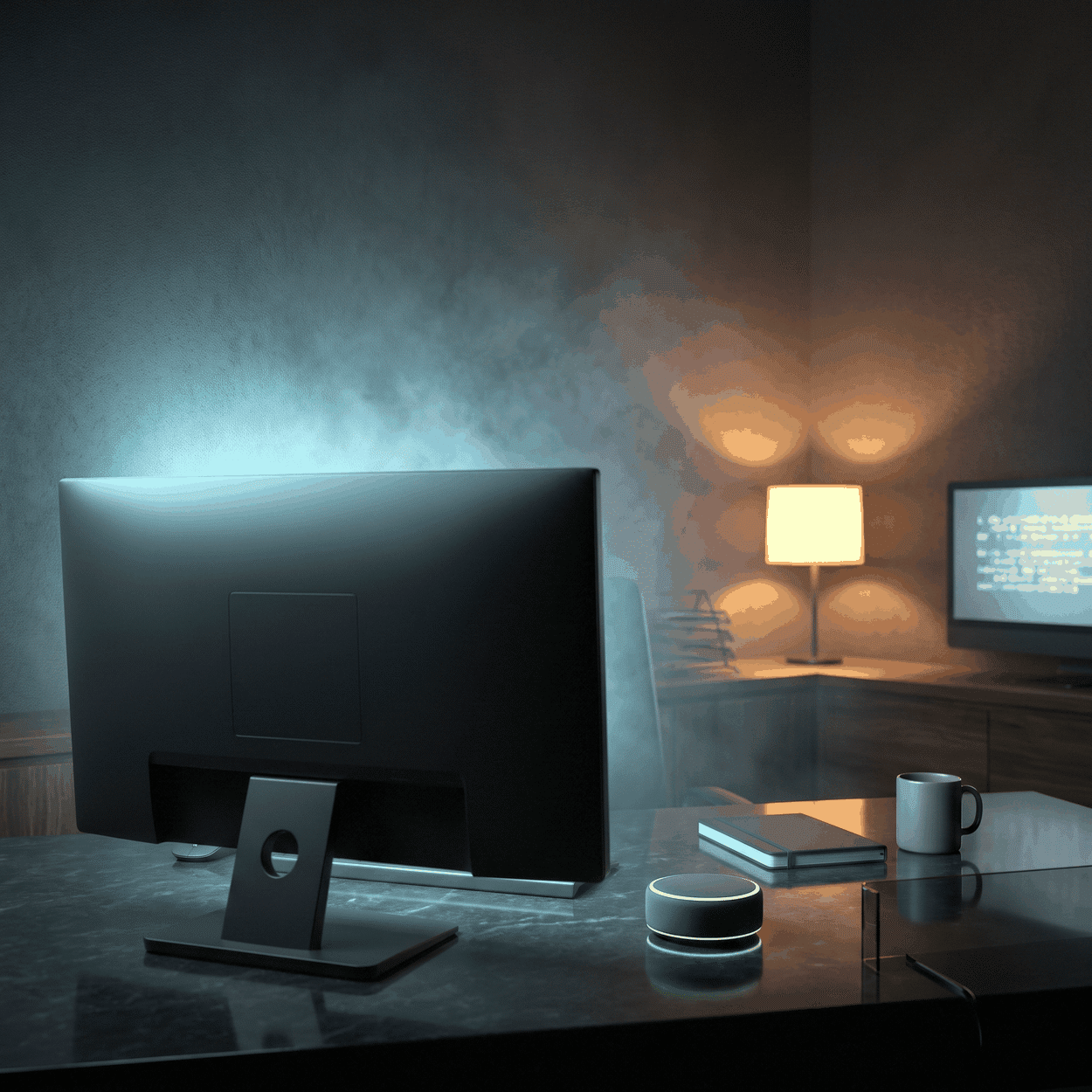 After-hours lead handling as a dark monitor and a small speaker on a desk lit by one warm lamp
