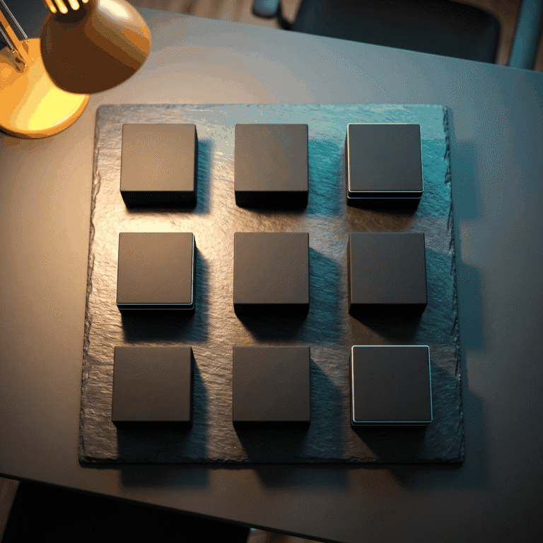 Biologics supplier checklist as nine unmarked black boxes in a grid on dark slate under a brass lamp