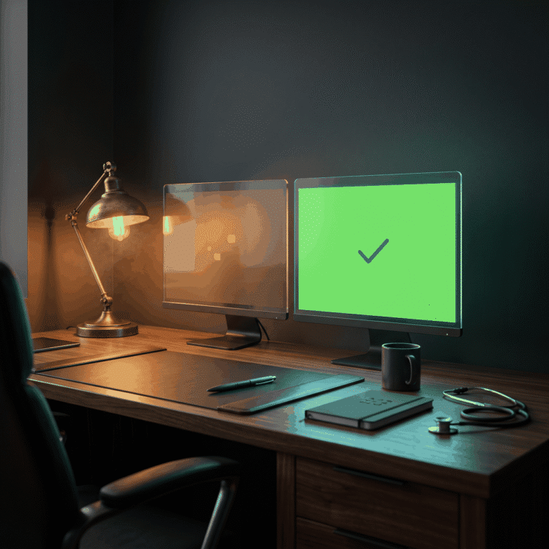 Claims substantiation as two monitors on a walnut desk, one dim and one lit green with a check mark