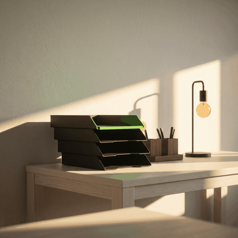 Clinic compliance program as four stepped black trays on a sunlit pale desk, the top tray edged green