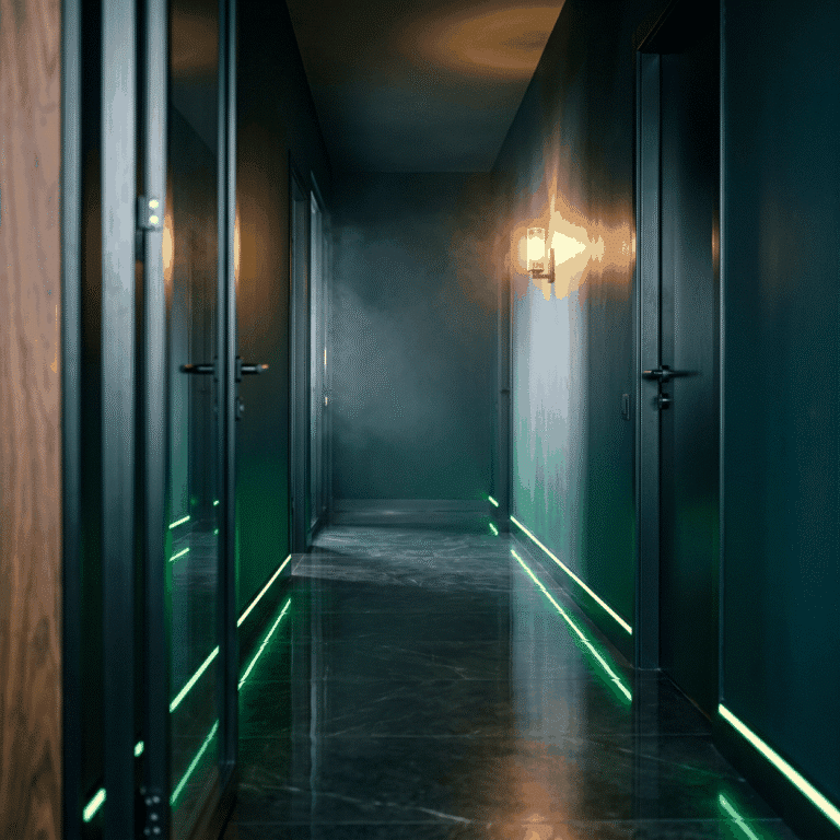 Distributor compliance as a dark corridor with a green floor line guiding past one warm amber wall light