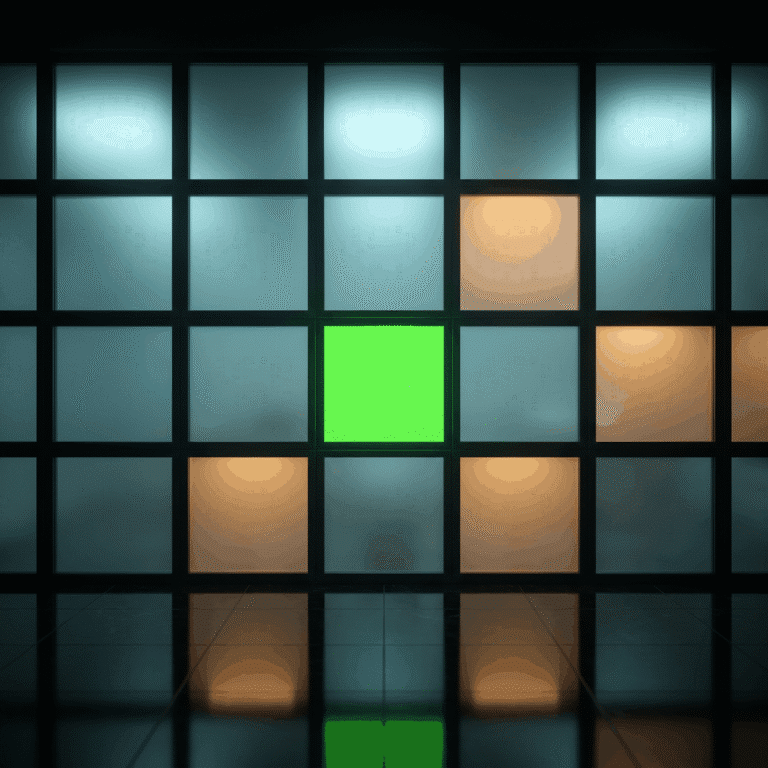 Enforcement watch as a grid of backlit glass panels in cyan and amber with a single panel lit green