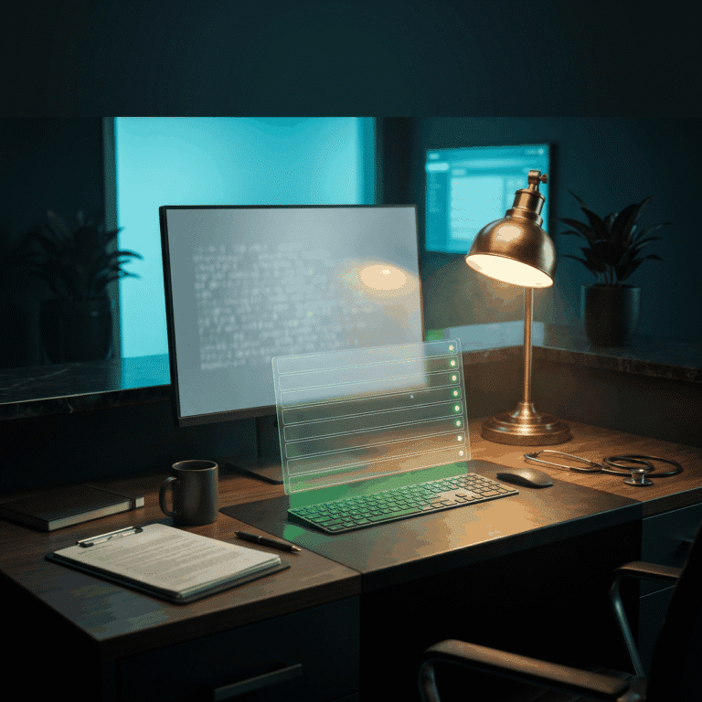 Front desk AI policy as a floating panel of seven empty bands with green dots above a reception workstation