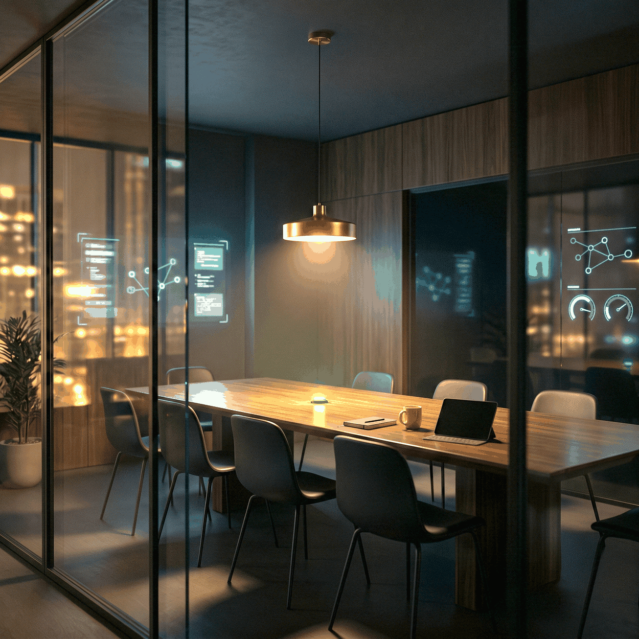 Medical board advertising as a dark board room seen through smoked glass, one green light on the table