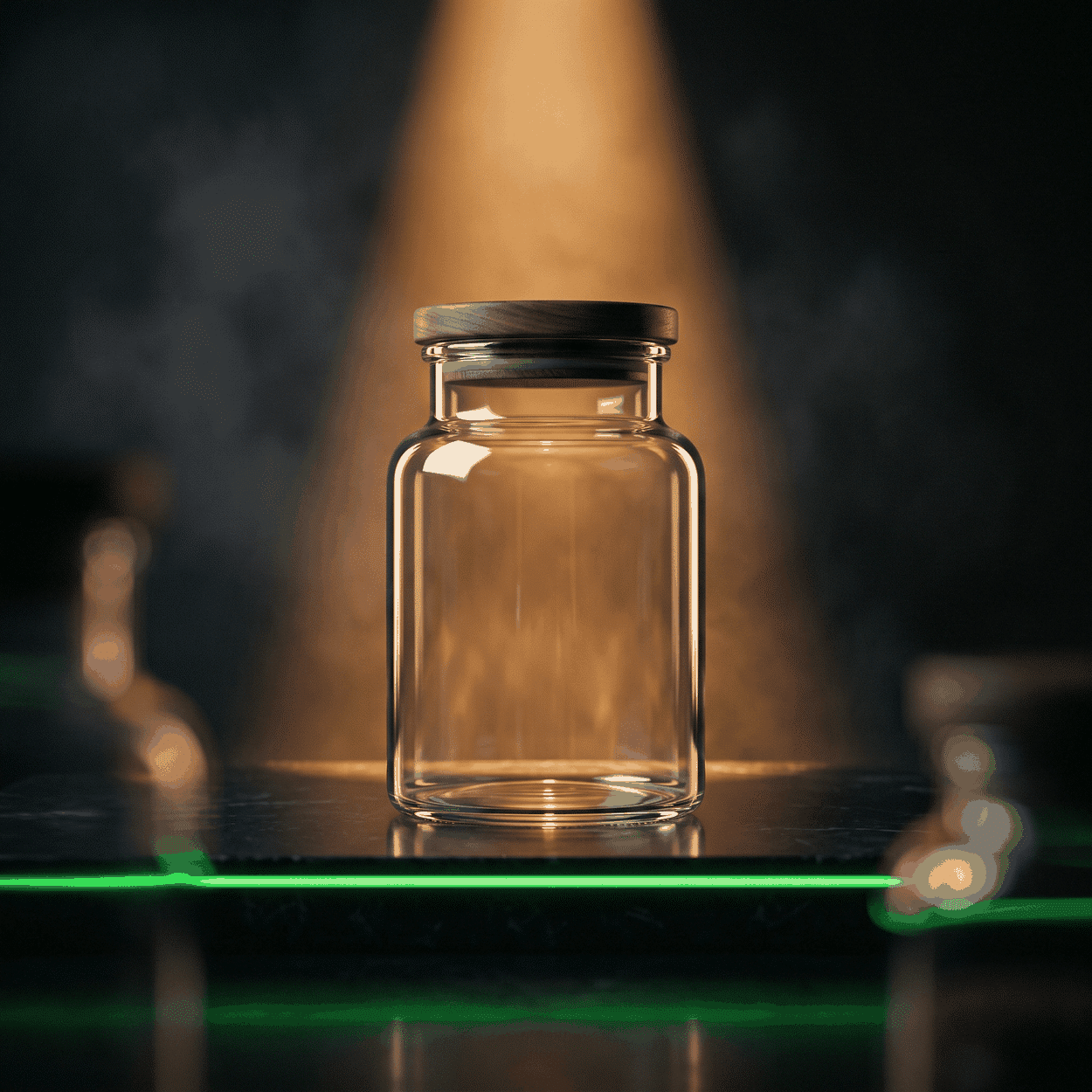 Peptide marketing as an empty unlabeled glass jar backlit in amber on black stone with a green rim light