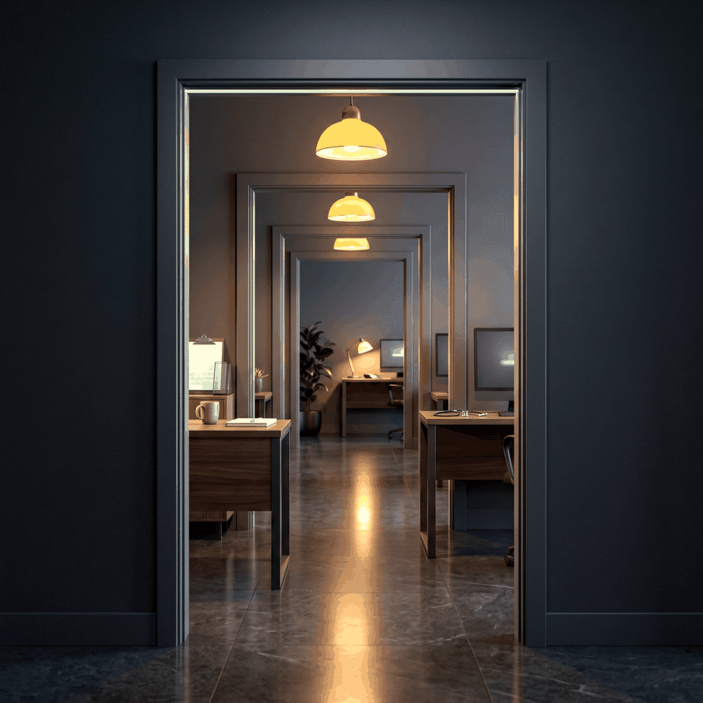 Provider acquisition as a row of office doorways receding into the distance under warm pendant lights