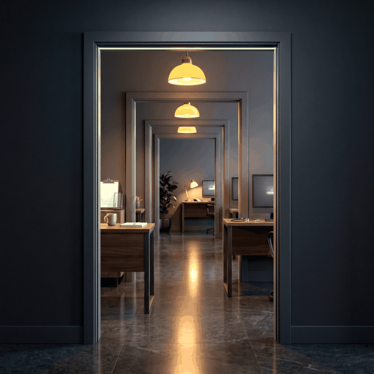 Provider acquisition as a row of office doorways receding into the distance under warm pendant lights