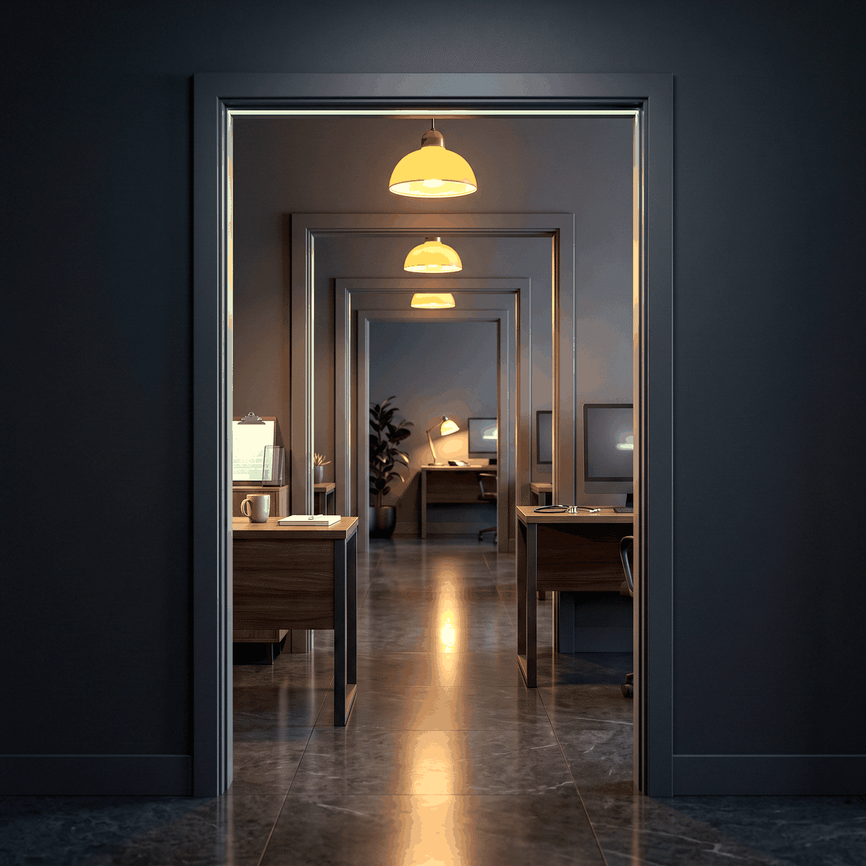 Provider acquisition as a row of office doorways receding into the distance under warm pendant lights