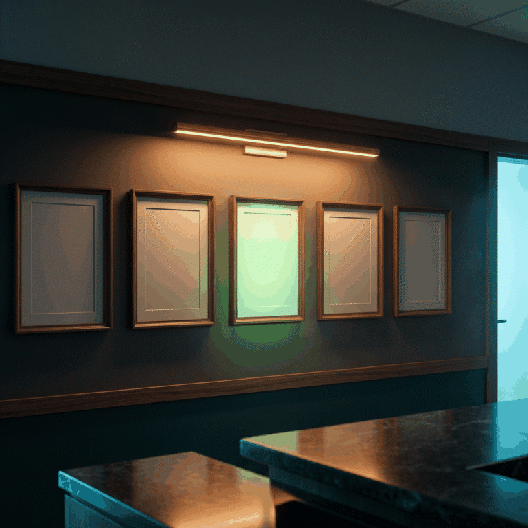 Regen clinic staffing as five empty walnut frames on a charcoal wall, the center frame glowing green