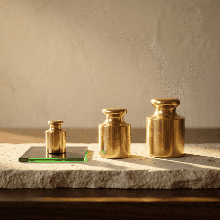 Regen practice pricing as three brass weights on a sunlit limestone ledge, the smallest on a green-edged plate