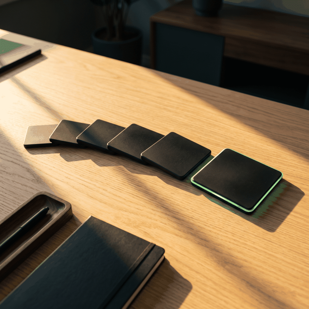 Regenerative service line launch as a curved row of black tiles on sunlit oak, the last rimmed in green