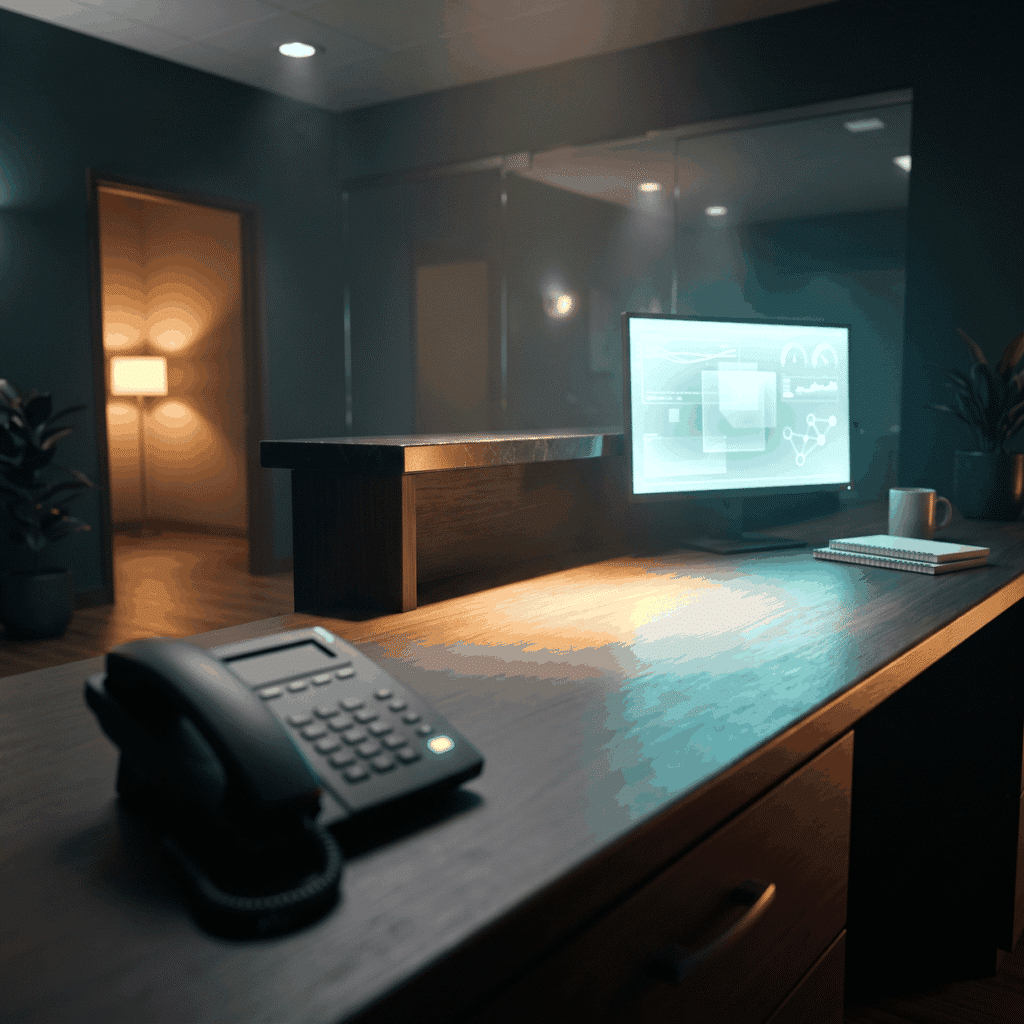 Speed to lead as a desk phone with a glowing green light on a reception counter, warm lamplight beyond