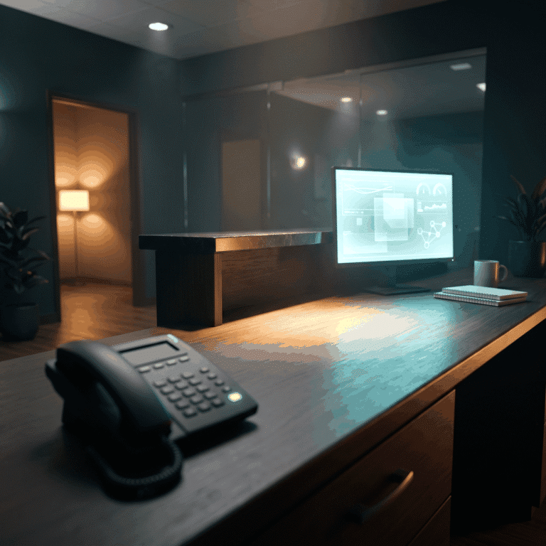 Speed to lead as a desk phone with a glowing green light on a reception counter, warm lamplight beyond