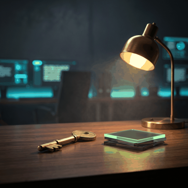 Stem cell legality as a brass key beside a green-edged smoked-glass tile under a warm desk lamp