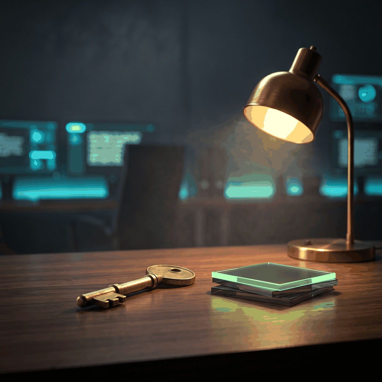 Stem cell legality as a brass key beside a green-edged smoked-glass tile under a warm desk lamp